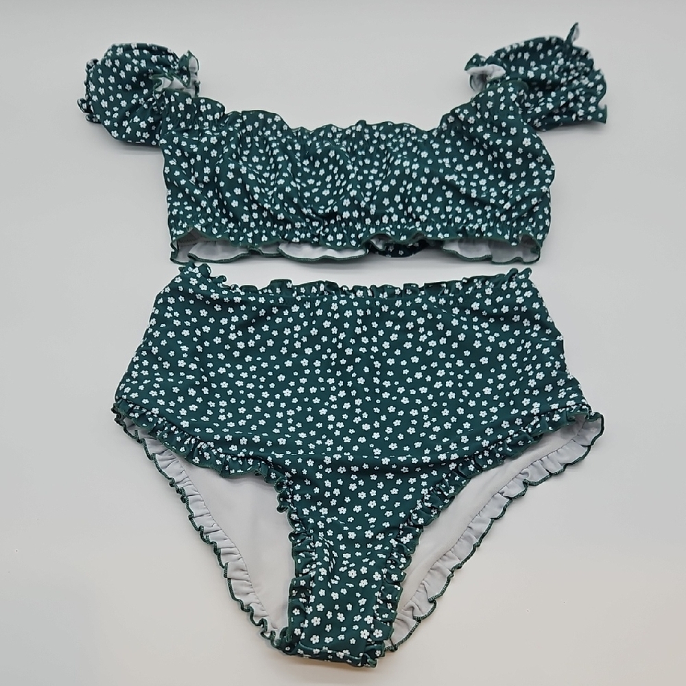 SHEIN Dark Green Floral Bikini Set Ruffled Cap Sleeve Beach Medium